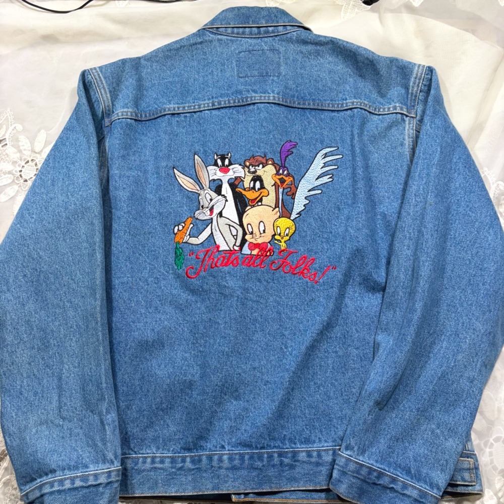 Vintage Three Rivers Looney Tunes Denim Jacket XL Embroidered Thats All Folks